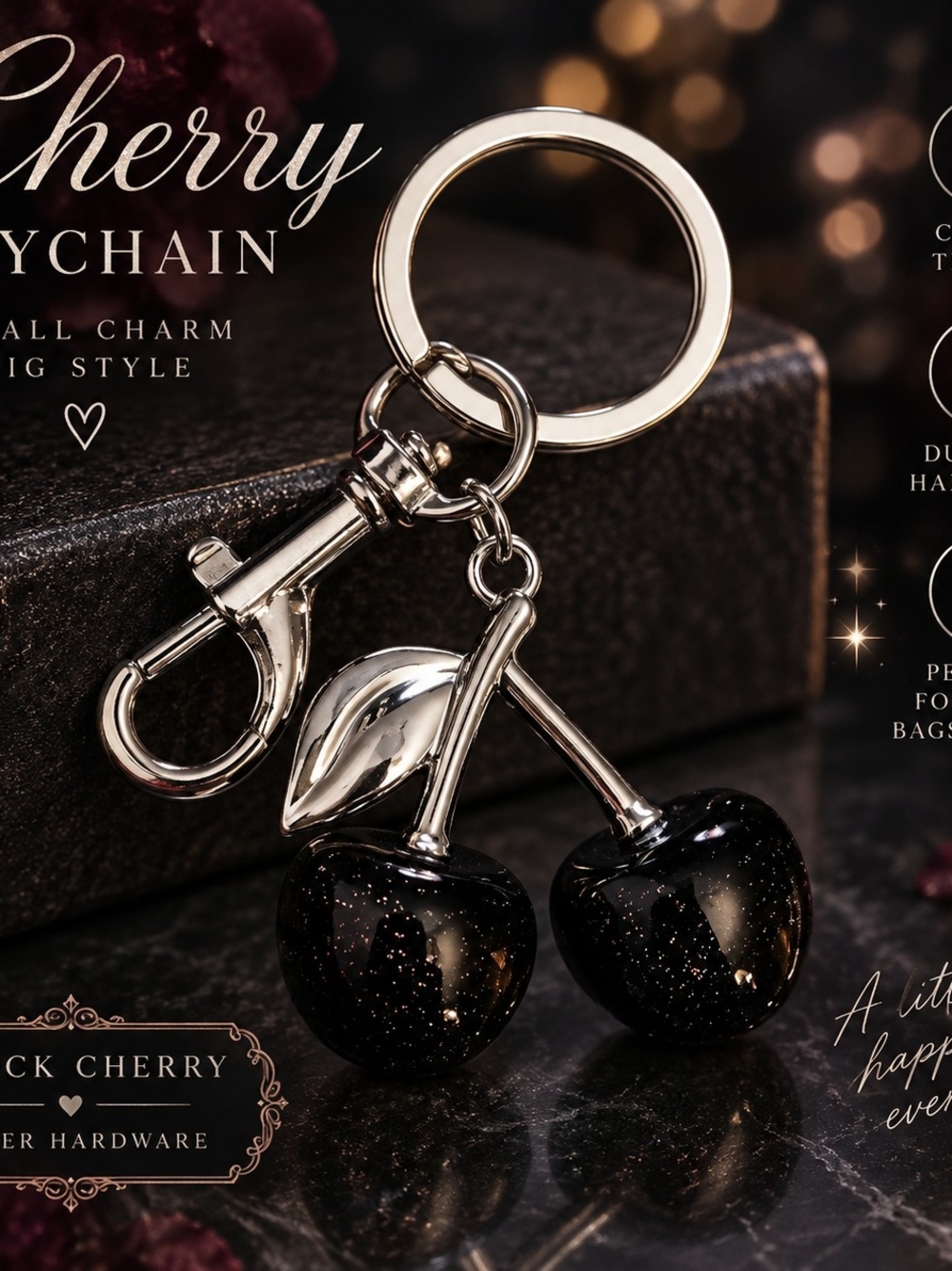 Black Cherry Keychain Charm - Black & Silver!!